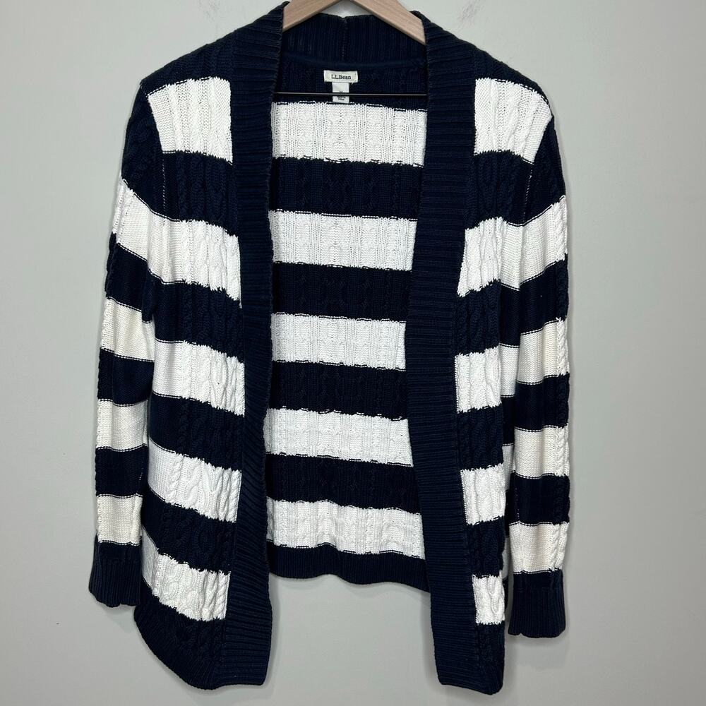 L.L. Bean Open Cardigan Sweater Size MP Striped Cable Knit 100% Cotton